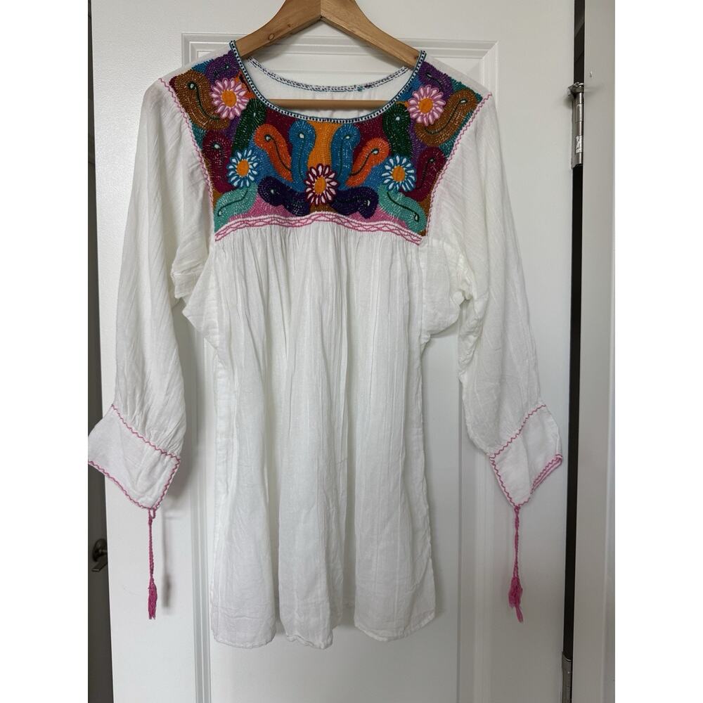 Handmade Mexican Embroidered Cotton Gauze Tunic Blouse Size S White Peasant - Picture 2 of 11